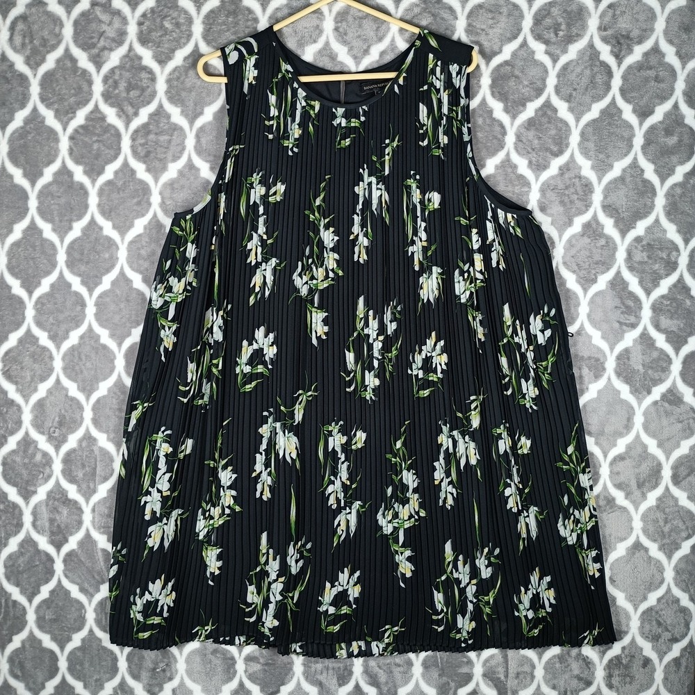 Banana Republic Dress Size XL Black Floral Micro Pleats Sleeveless Swing Trapeze